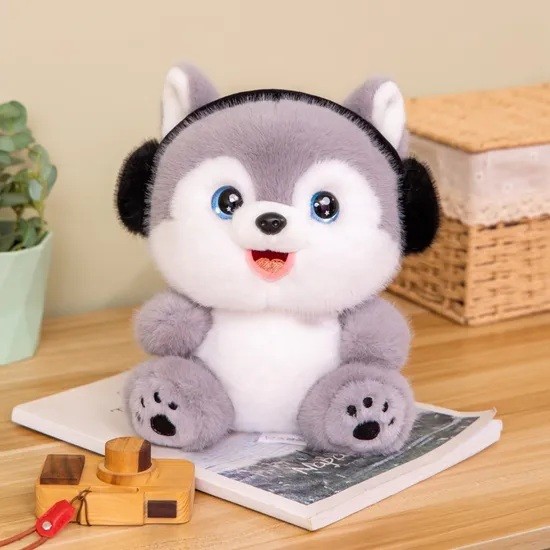 Cute-Cartoon-Animal-Figure-Plush-Custom-Wholesale-Toys-with-Earphone (2) عروسک طرح هاسکی خندان مدل هدفون دار ارتفاع 28 سانتی متر - Image 1